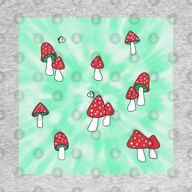 Aesthetic Red Hatted Mushrooms and Butterflies on a Green Tie Dye Background by YourGoods